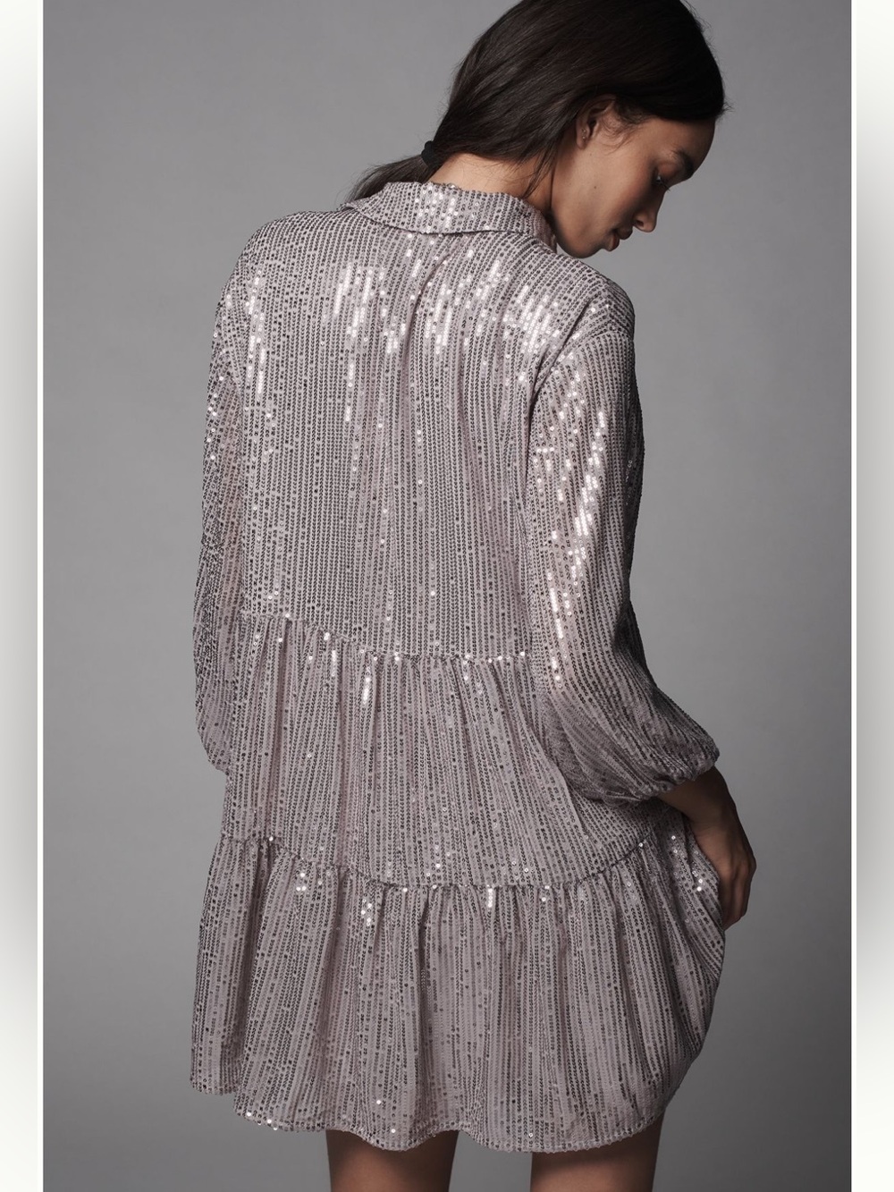 Anthropologie Maeve Bettina Silver Sequin Tiered Shirt Dress EUC Large - Picture 5 of 5